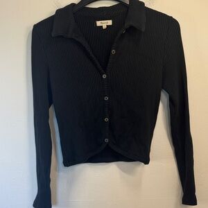 Madewell Black Ribbed Button-Down Long Sleeve Cropped Shirt